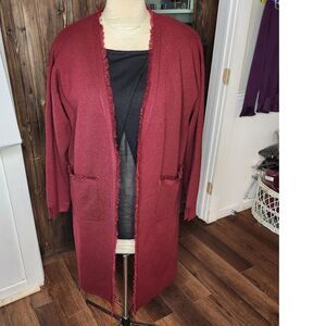 Lauren Michelle Long Maroon/Burgandy Cardigan Sweater Large Fringe edges